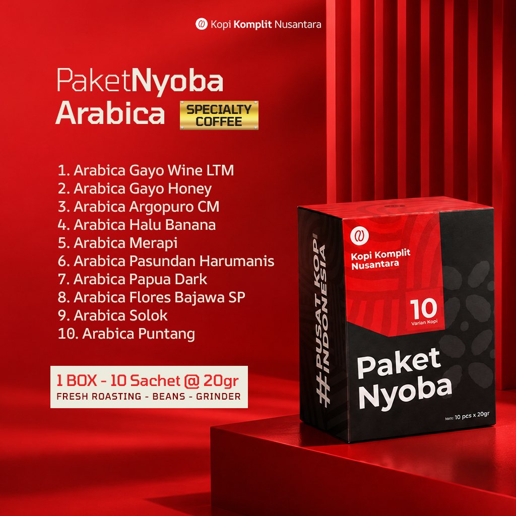 Isi Paket Nyoba Arabica: 10 varian specialty coffee, 1 box 10 sachet @20gr